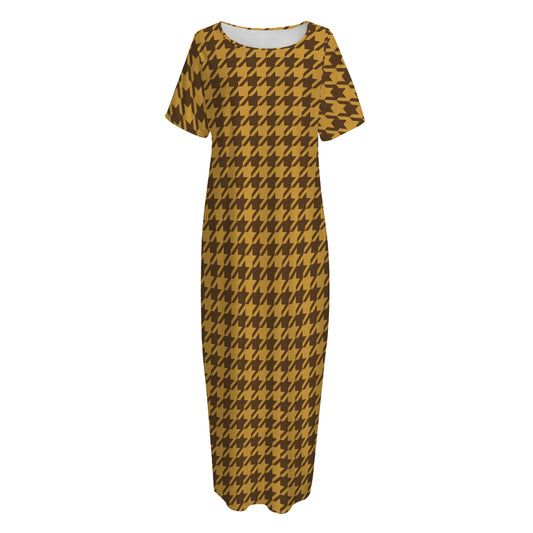 Brown Houndstooth Pattern Print Short Sleeve Long Nightdress
