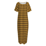 Brown Houndstooth Pattern Print Short Sleeve Long Nightdress