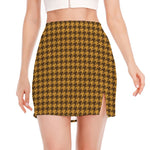 Brown Houndstooth Pattern Print Side Slit Mini Skirt