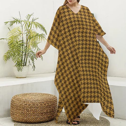 Brown Houndstooth Pattern Print Silk V-Neck Kaftan Dress