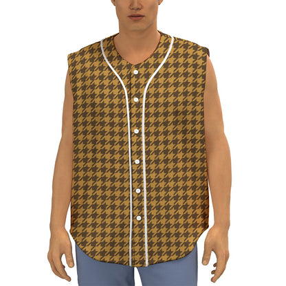 Brown Houndstooth Pattern Print Sleeveless Baseball Jersey