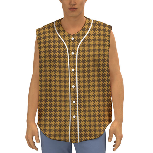 Brown Houndstooth Pattern Print Sleeveless Baseball Jersey