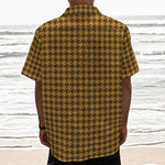 Brown Houndstooth Pattern Print Textured Short Sleeve Shirt