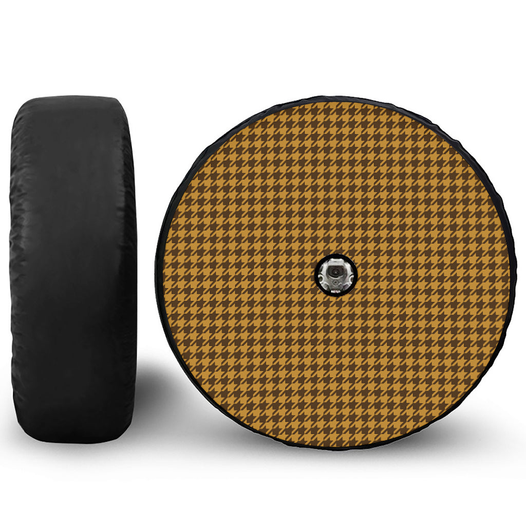 Brown Houndstooth Pattern Print Tire Cover With Camera Hole