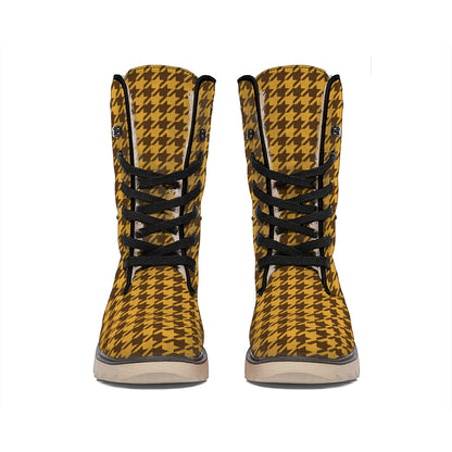 Brown Houndstooth Pattern Print Winter Boots