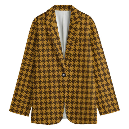 Brown Houndstooth Pattern Print Women's Cotton Blazer