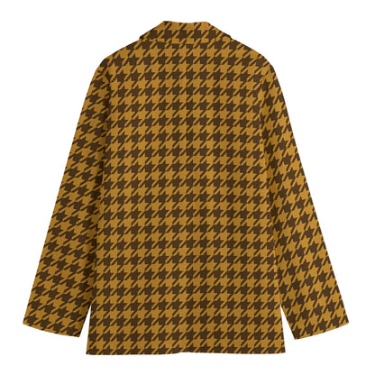 Brown Houndstooth Pattern Print Women's Cotton Blazer
