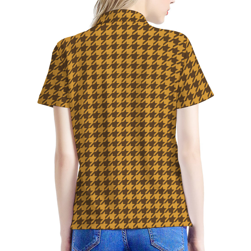 Brown Houndstooth Pattern Print Women's Polo Shirt