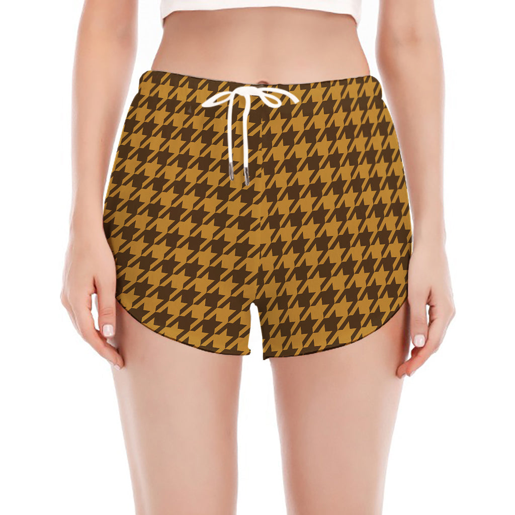 Brown Houndstooth Pattern Print Women's Split Running Shorts