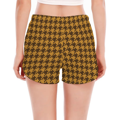 Brown Houndstooth Pattern Print Women's Split Running Shorts