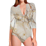 Brown Marble Print Long Sleeve Swimsuit