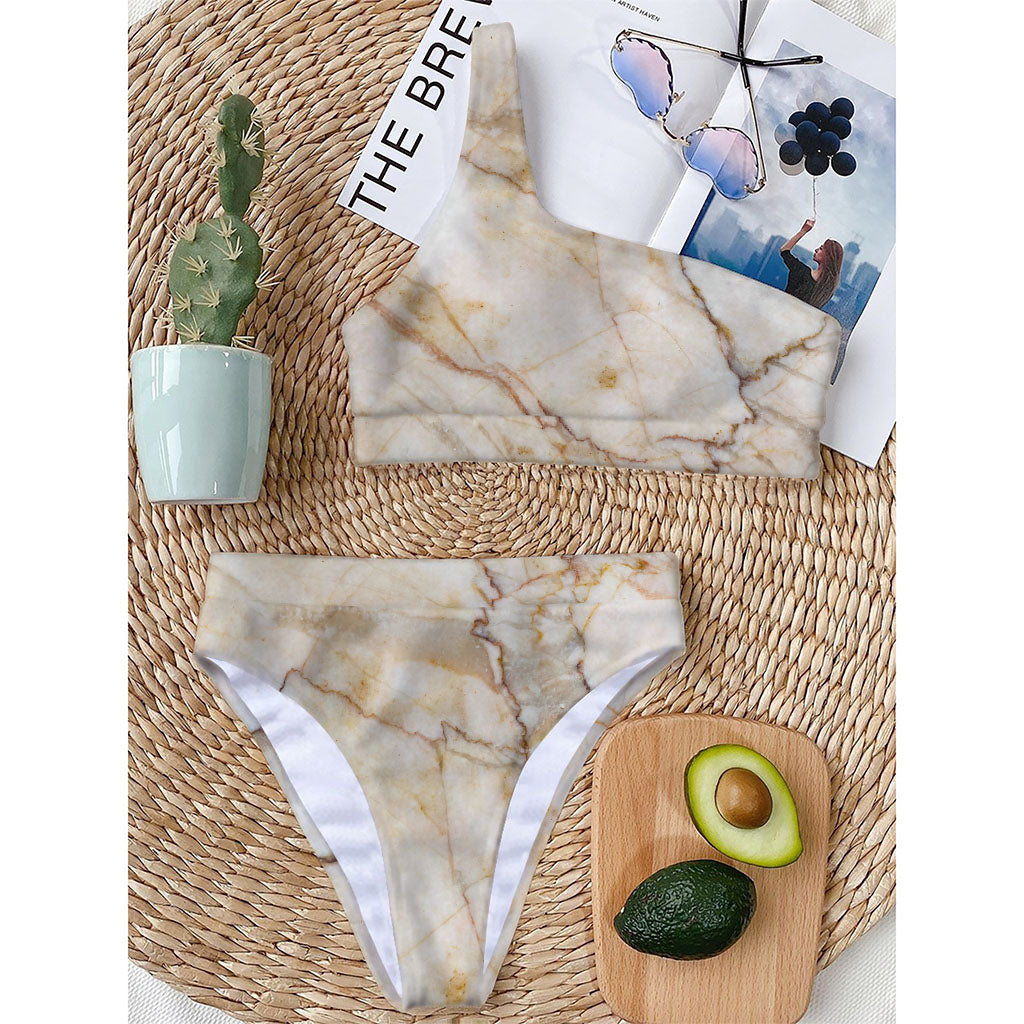 Brown Marble Print One Shoulder Bikini Top