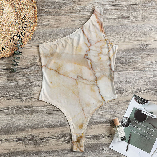 Brown Marble Print One Shoulder Bodysuit