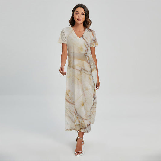 Brown Marble Print Short Sleeve Maxi Dress