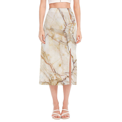 Brown Marble Print Side Slit Midi Skirt