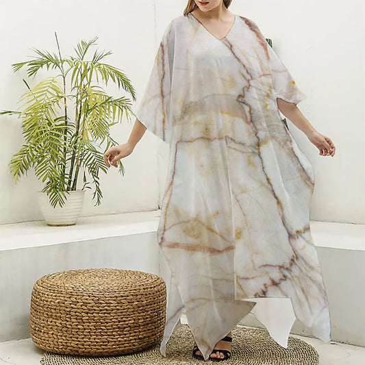 Brown Marble Print Silk V-Neck Kaftan Dress