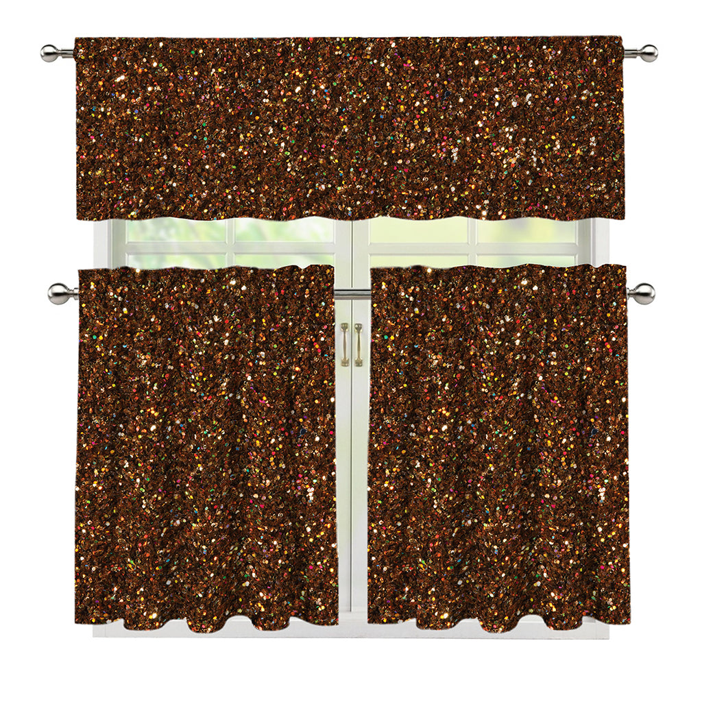 Brown (NOT Real) Glitter Print 3 Piece Kitchen Curtains