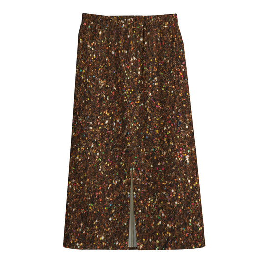 Brown (NOT Real) Glitter Print Cotton Front Slit Maxi Skirt
