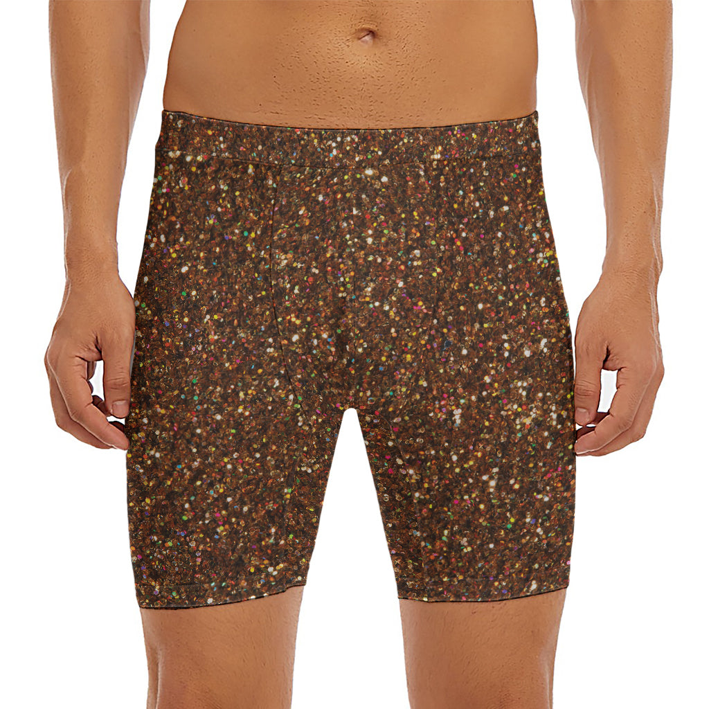 Brown (NOT Real) Glitter Print Men's Long Boxer Briefs