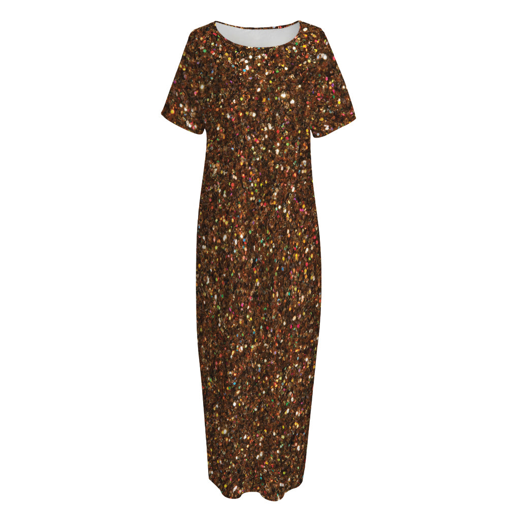 Brown (NOT Real) Glitter Print Short Sleeve Long Nightdress