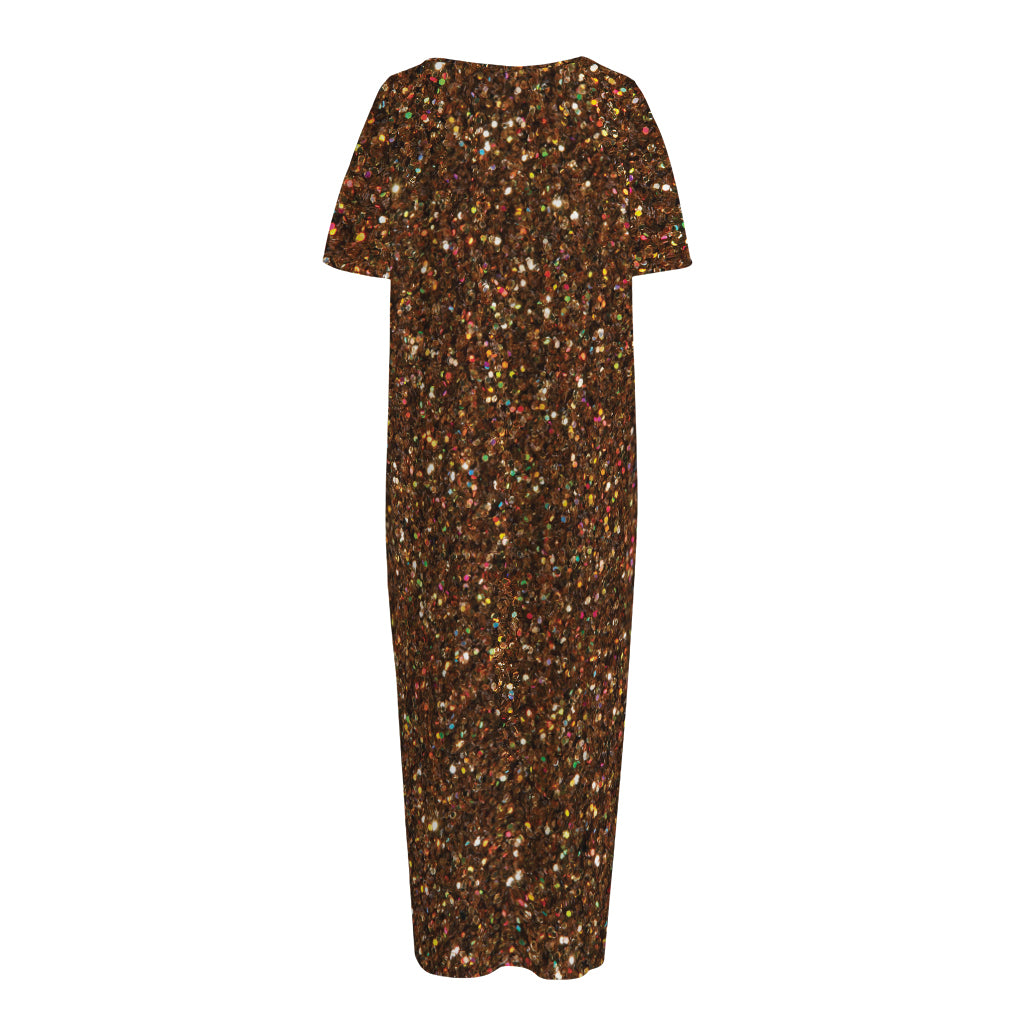 Brown (NOT Real) Glitter Print Short Sleeve Long Nightdress