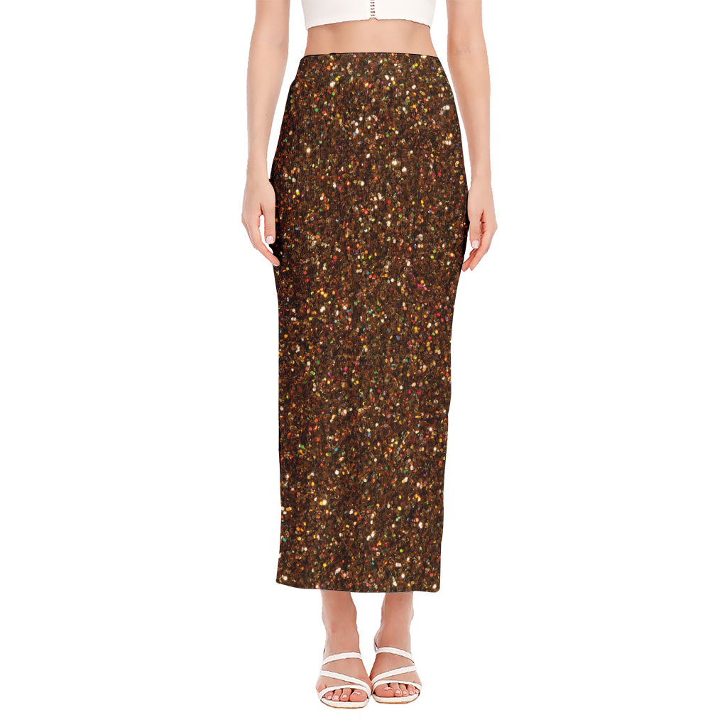 Brown (NOT Real) Glitter Print Side Slit Maxi Skirt
