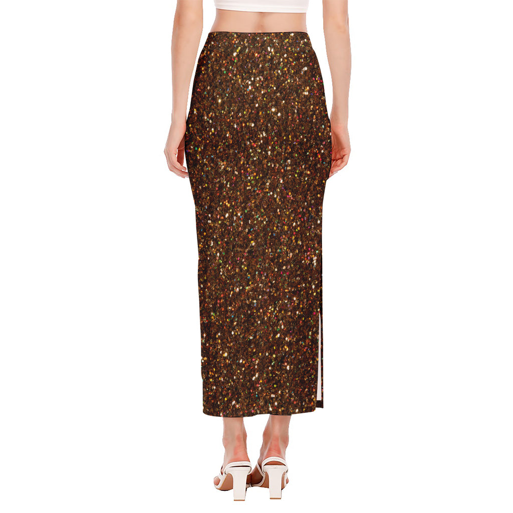 Brown (NOT Real) Glitter Print Side Slit Maxi Skirt