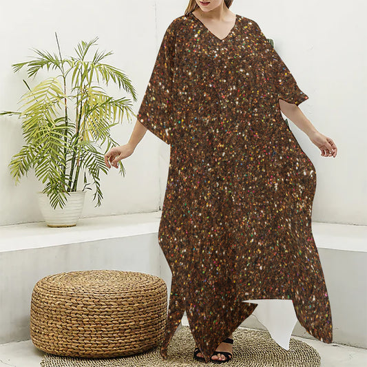 Brown (NOT Real) Glitter Print Silk V-Neck Kaftan Dress
