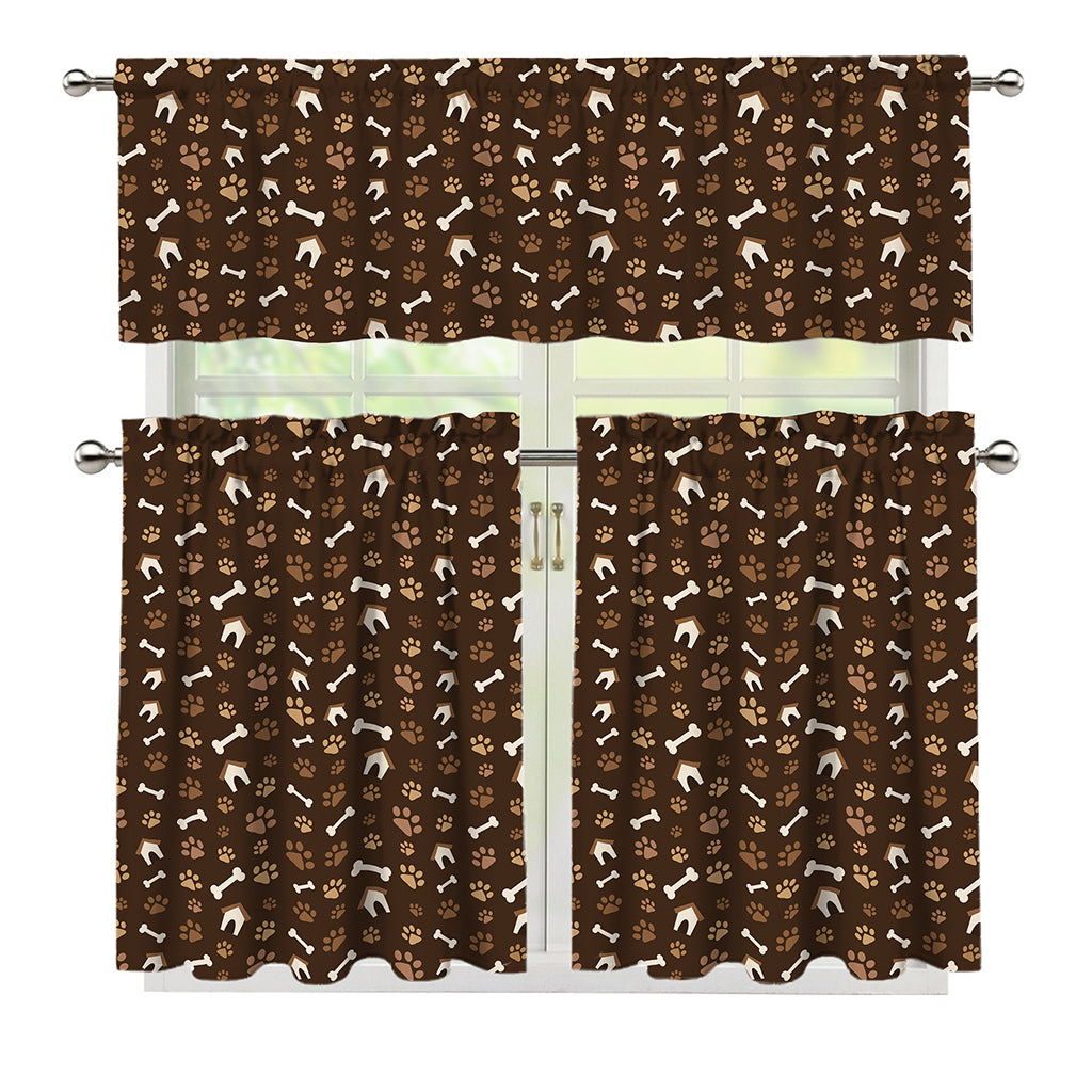 Brown Paw And Bone Pattern Print 3 Piece Kitchen Curtains