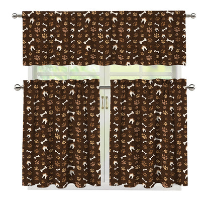Brown Paw And Bone Pattern Print 3 Piece Kitchen Curtains