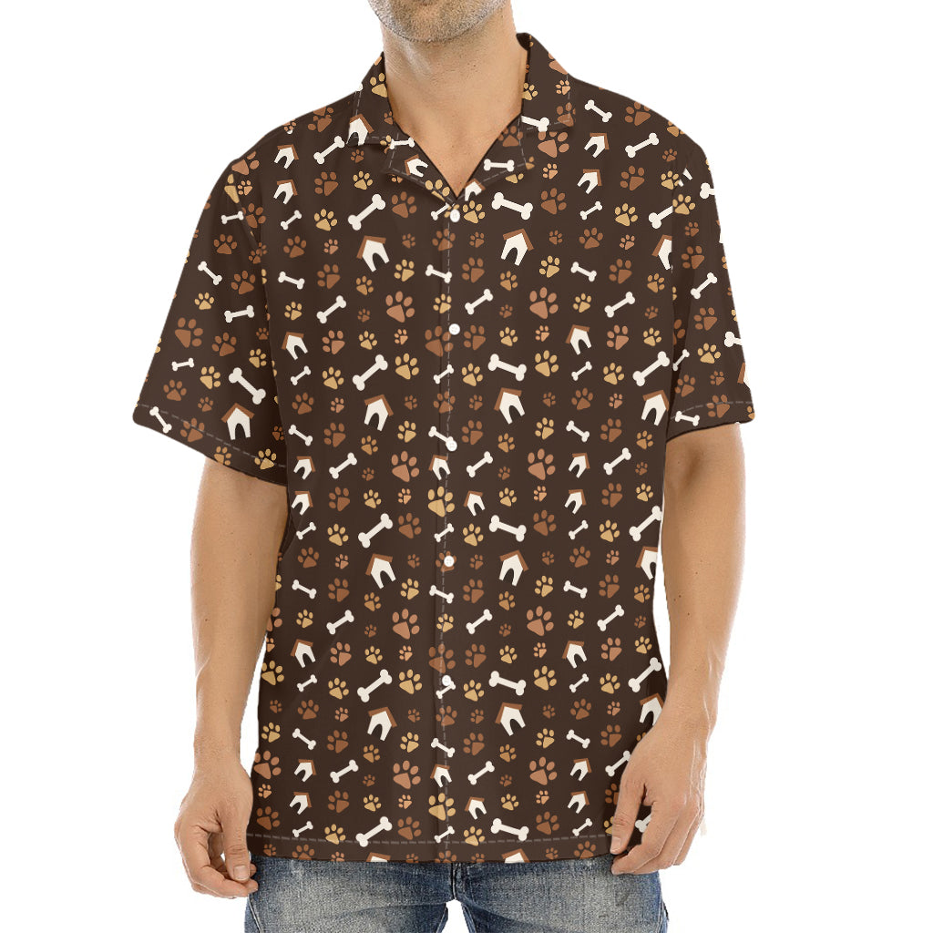 Brown Paw And Bone Pattern Print Aloha Shirt