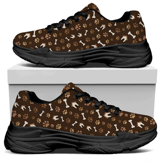 Brown Paw And Bone Pattern Print Black Chunky Shoes