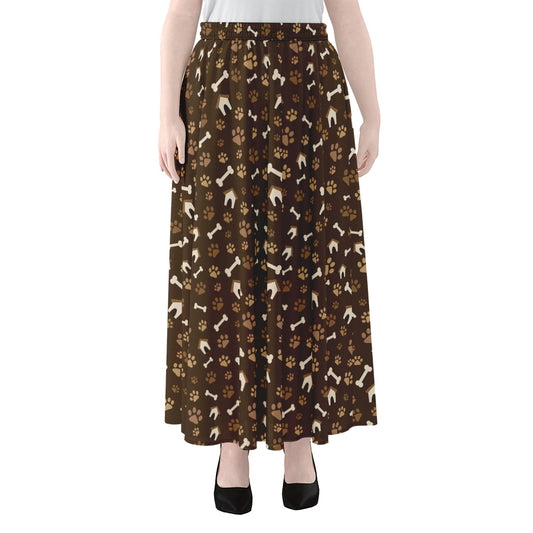 Brown Paw And Bone Pattern Print Chiffon Maxi Skirt