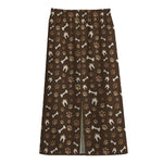 Brown Paw And Bone Pattern Print Cotton Front Slit Maxi Skirt
