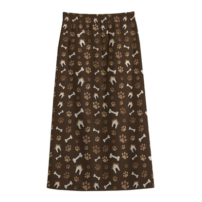 Brown Paw And Bone Pattern Print Cotton Front Slit Maxi Skirt