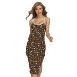 Brown Paw And Bone Pattern Print Cross Back Cami Dress