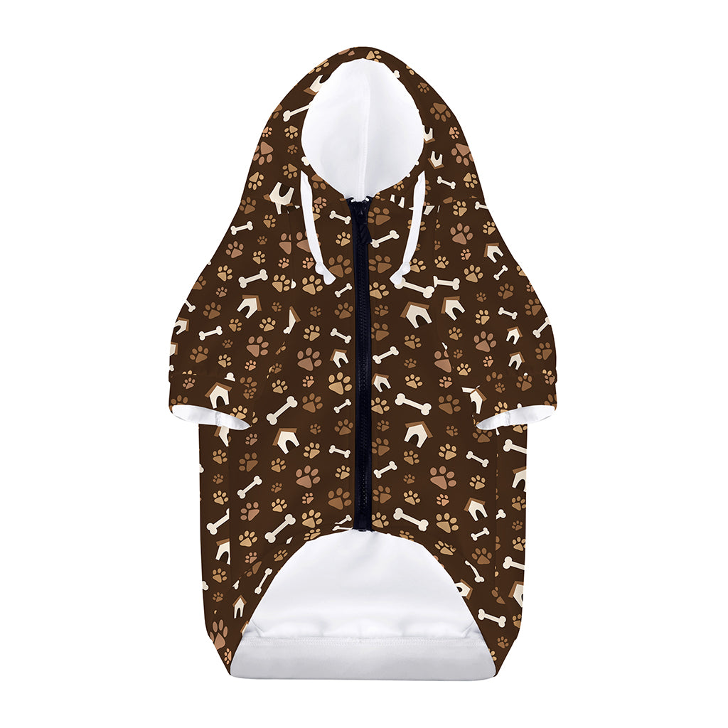 Brown Paw And Bone Pattern Print Dog Zip Up Hoodie