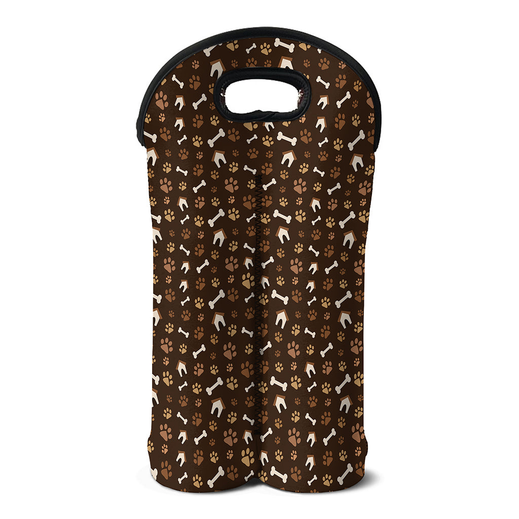 Brown Paw And Bone Pattern Print Double Neoprene Wine Tote