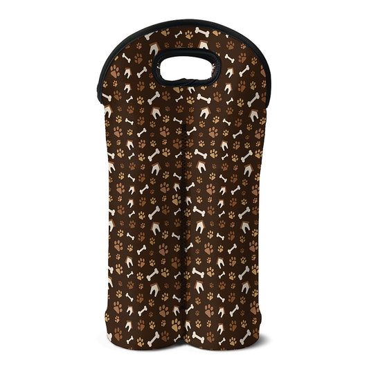 Brown Paw And Bone Pattern Print Double Neoprene Wine Tote