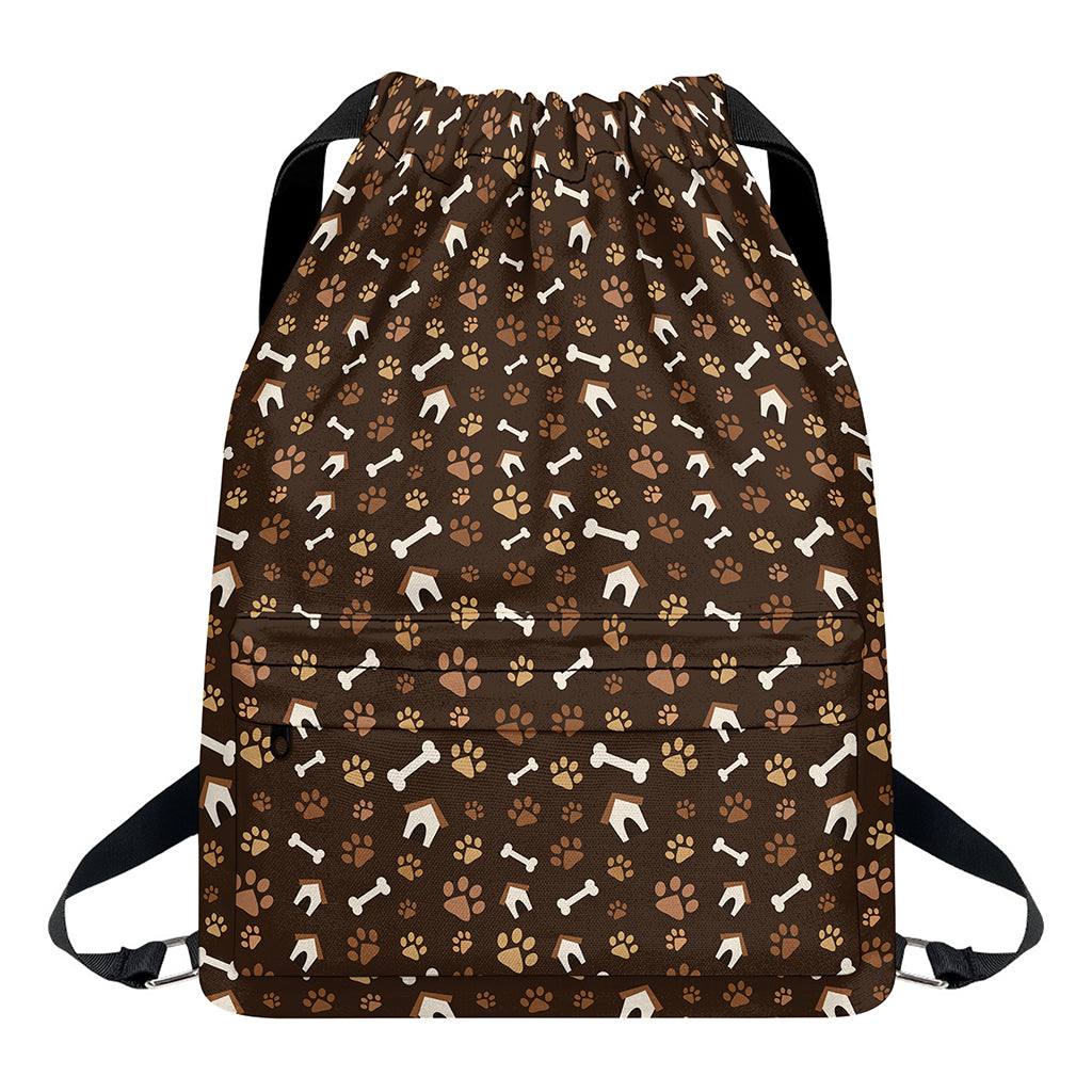 Brown Paw And Bone Pattern Print Drawstring Backpack