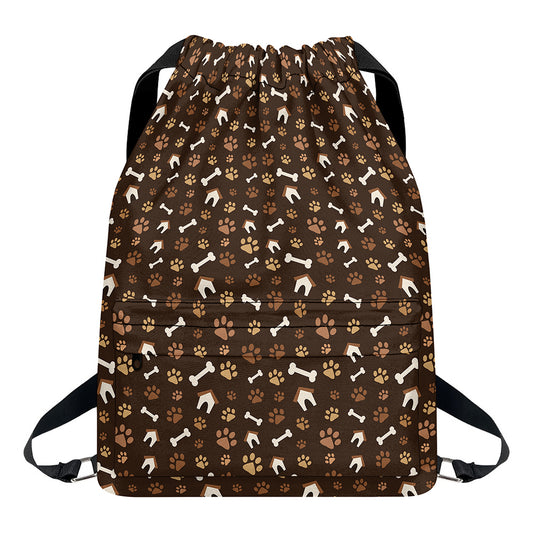 Brown Paw And Bone Pattern Print Drawstring Backpack