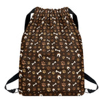 Brown Paw And Bone Pattern Print Drawstring Backpack