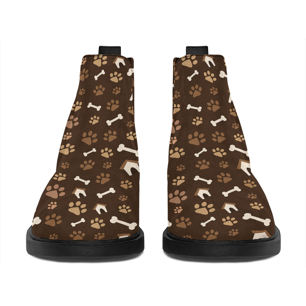 Brown Paw And Bone Pattern Print Flat Ankle Boots