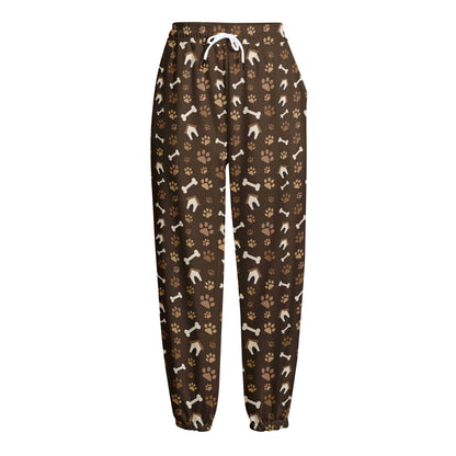 Brown Paw And Bone Pattern Print Fleece Lined Knit Pants