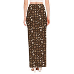 Brown Paw And Bone Pattern Print High Slit Maxi Skirt