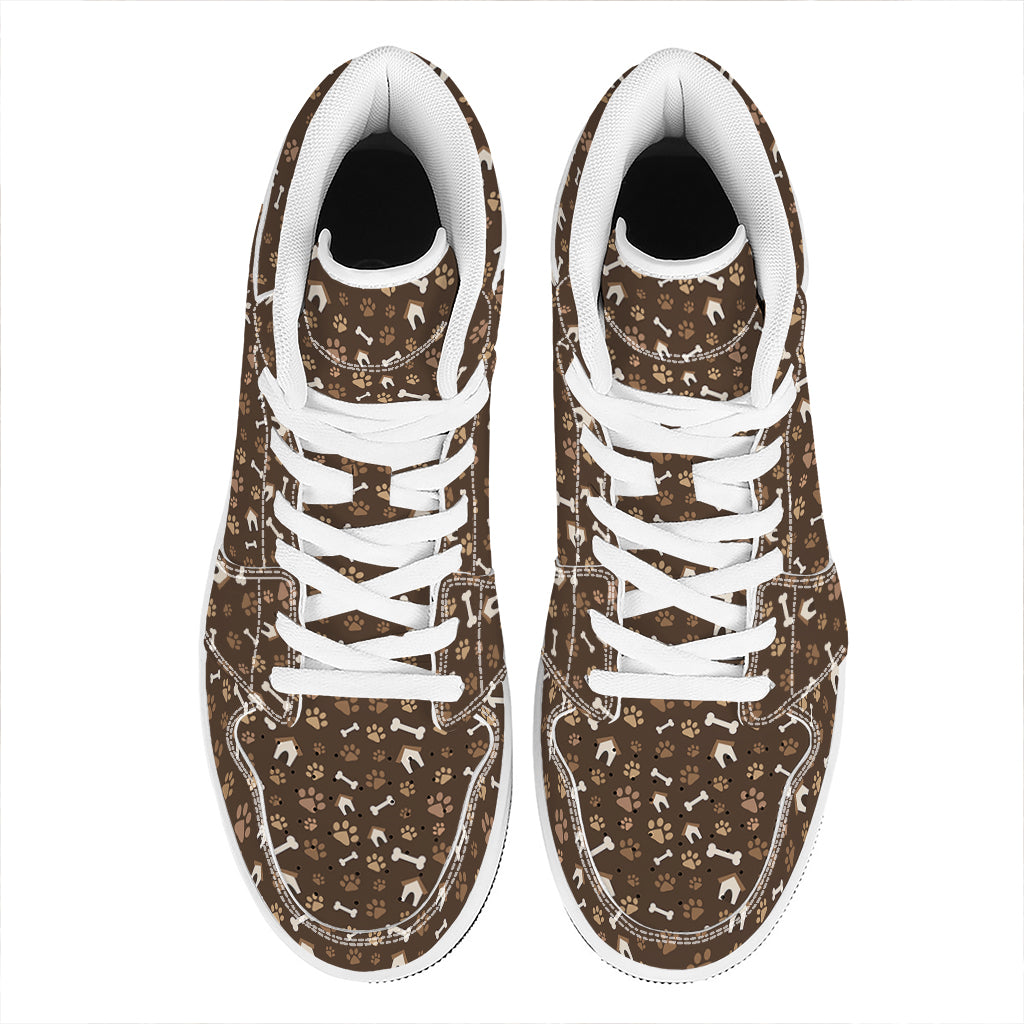 Brown Paw And Bone Pattern Print High Top Leather Sneakers