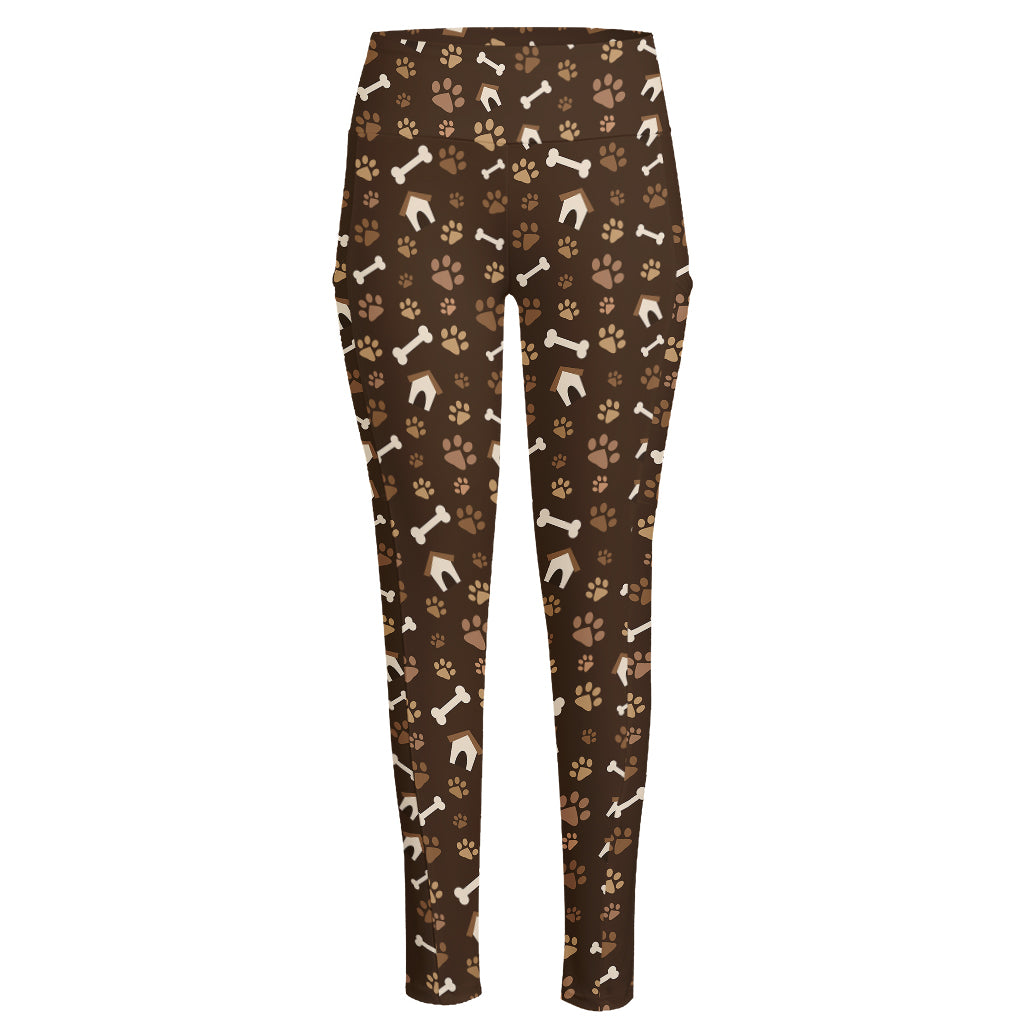 Brown Paw And Bone Pattern Print High-Waisted Pocket Leggings