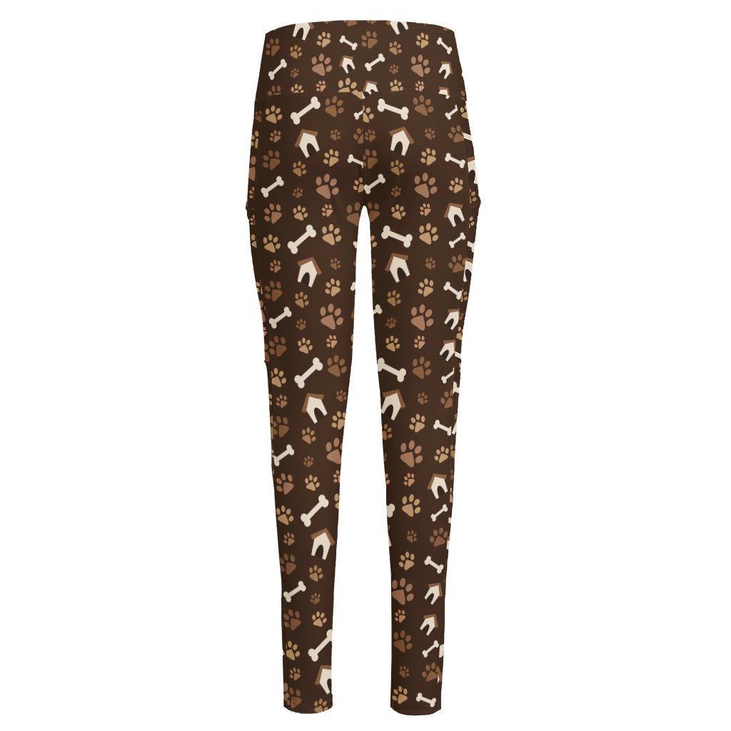 Brown Paw And Bone Pattern Print High-Waisted Pocket Leggings