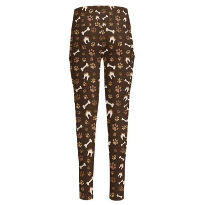 Brown Paw And Bone Pattern Print High-Waisted Pocket Leggings