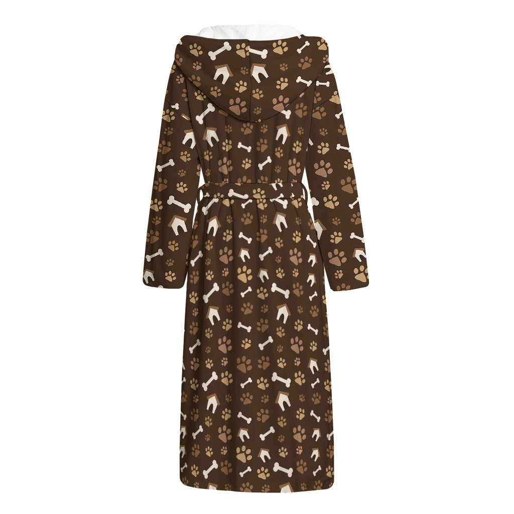Brown Paw And Bone Pattern Print Hooded Bathrobe